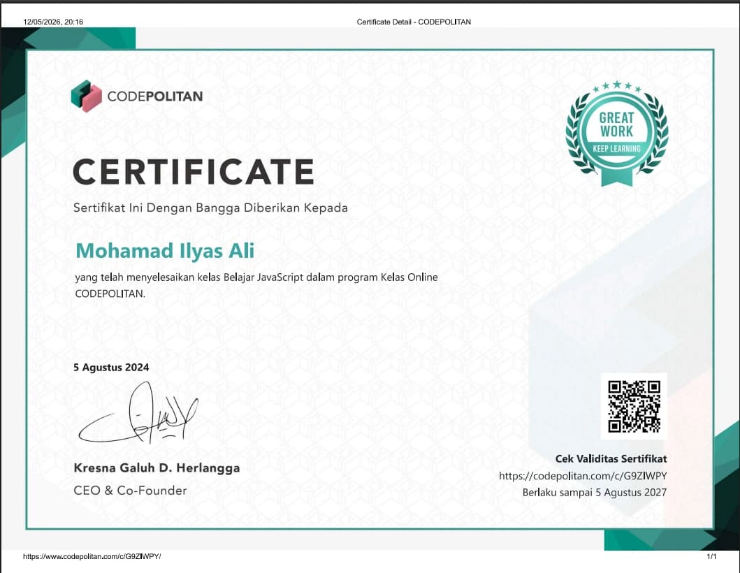 JavaScript Learning Course certificate