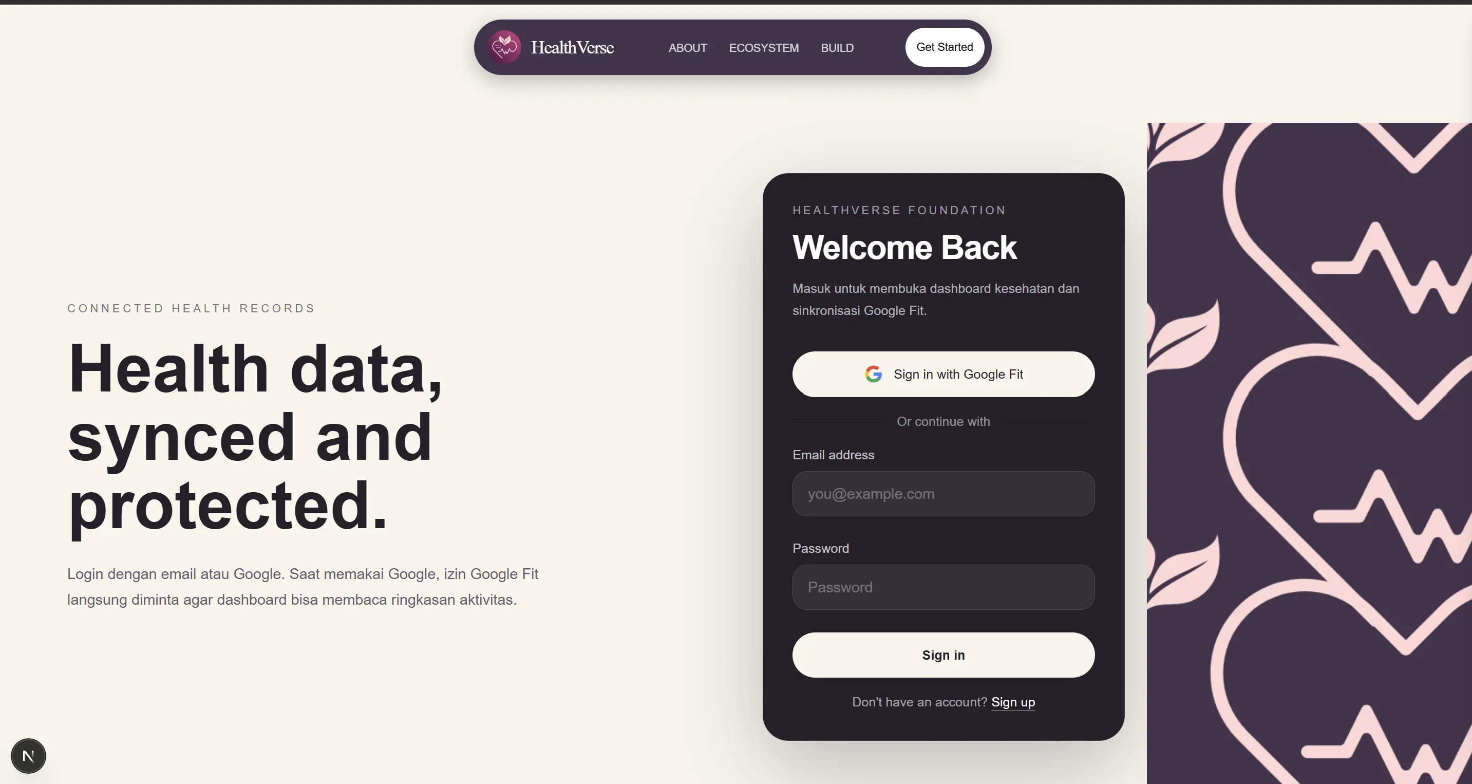 Healthverse login page preview
